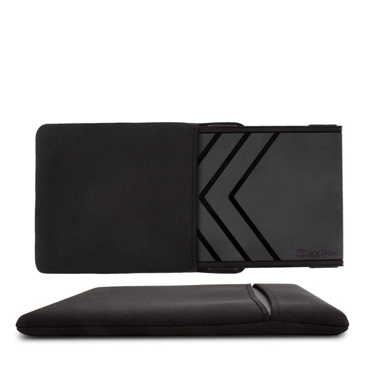 Portable monitor displaying a mountain scene connected to a laptop on a white background