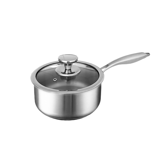 Set of stainless steel cookware including pots, pans, and lids on a white background