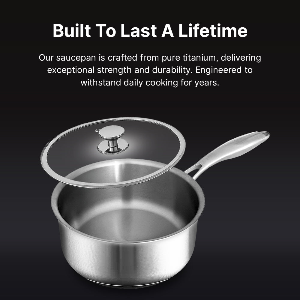 Stainless steel saucepan with lid on a black background, featuring text about its durability.