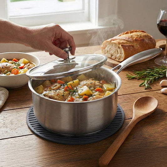 Stainless steel saucepan with lid on a white background