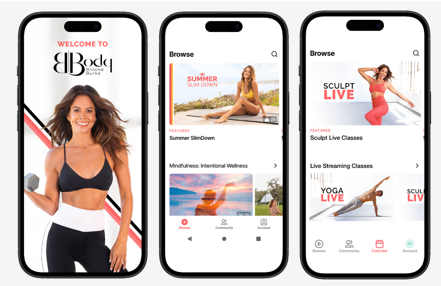 Three smartphone screens displaying the EBBody app interface with fitness-themed content.