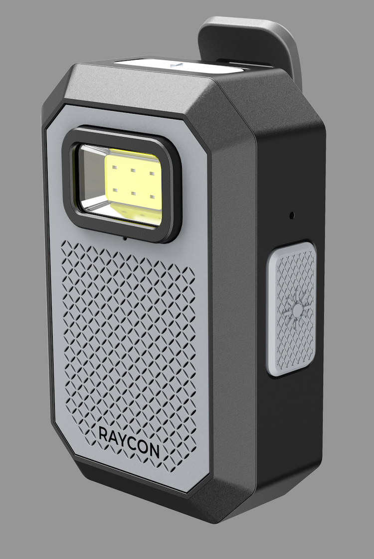 Black and gray flashlight with 'Raycon' branding on a gray background