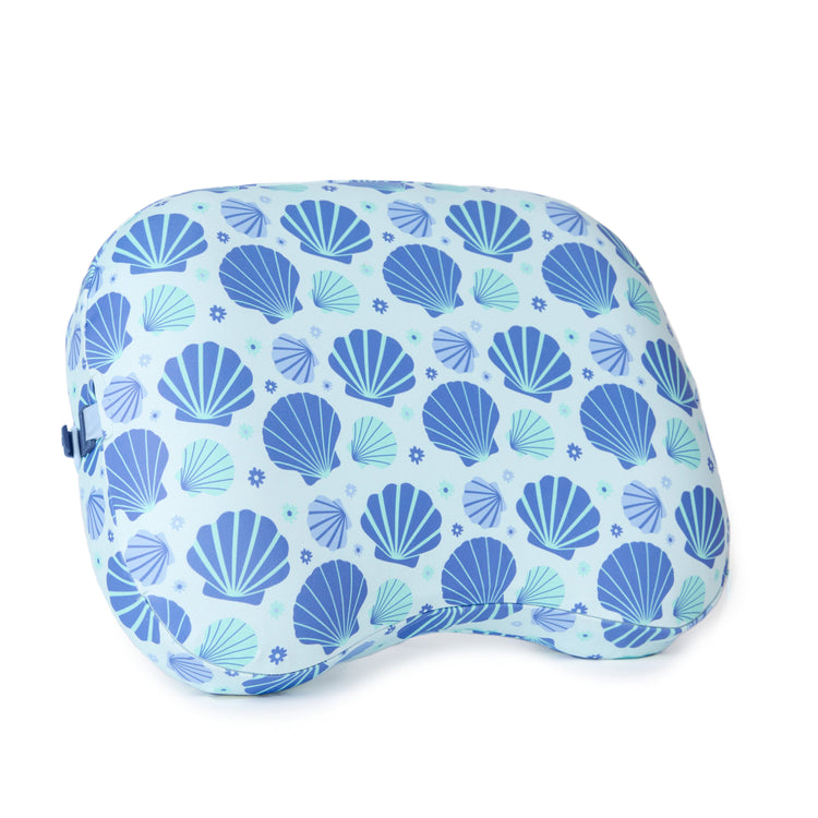 Ergonomic pillow with blue shell pattern on a white background