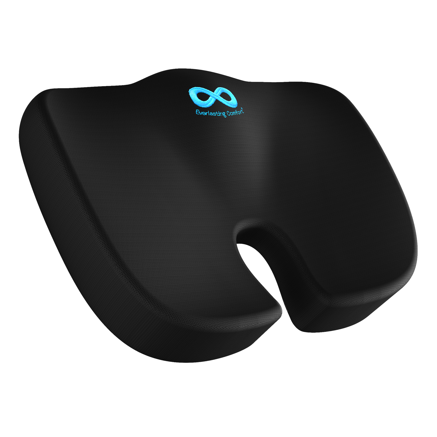 Black ergonomic seat cushion with a logo on a white background