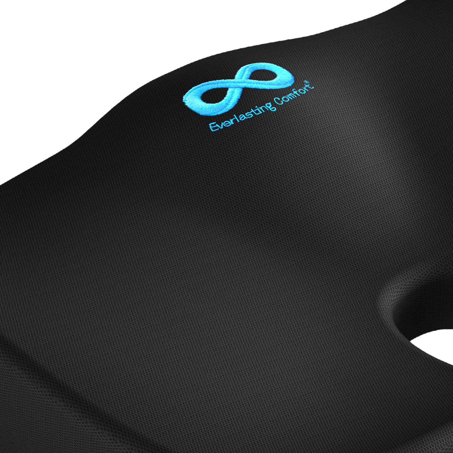 Black cushion with a blue 'Everlasting Comfort' logo on a black background