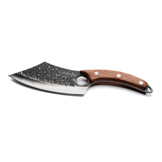 Behold the elegance of the Hakai Cleaver Knife from Seido Knives, with its wooden handle, poised on a cutting board. 