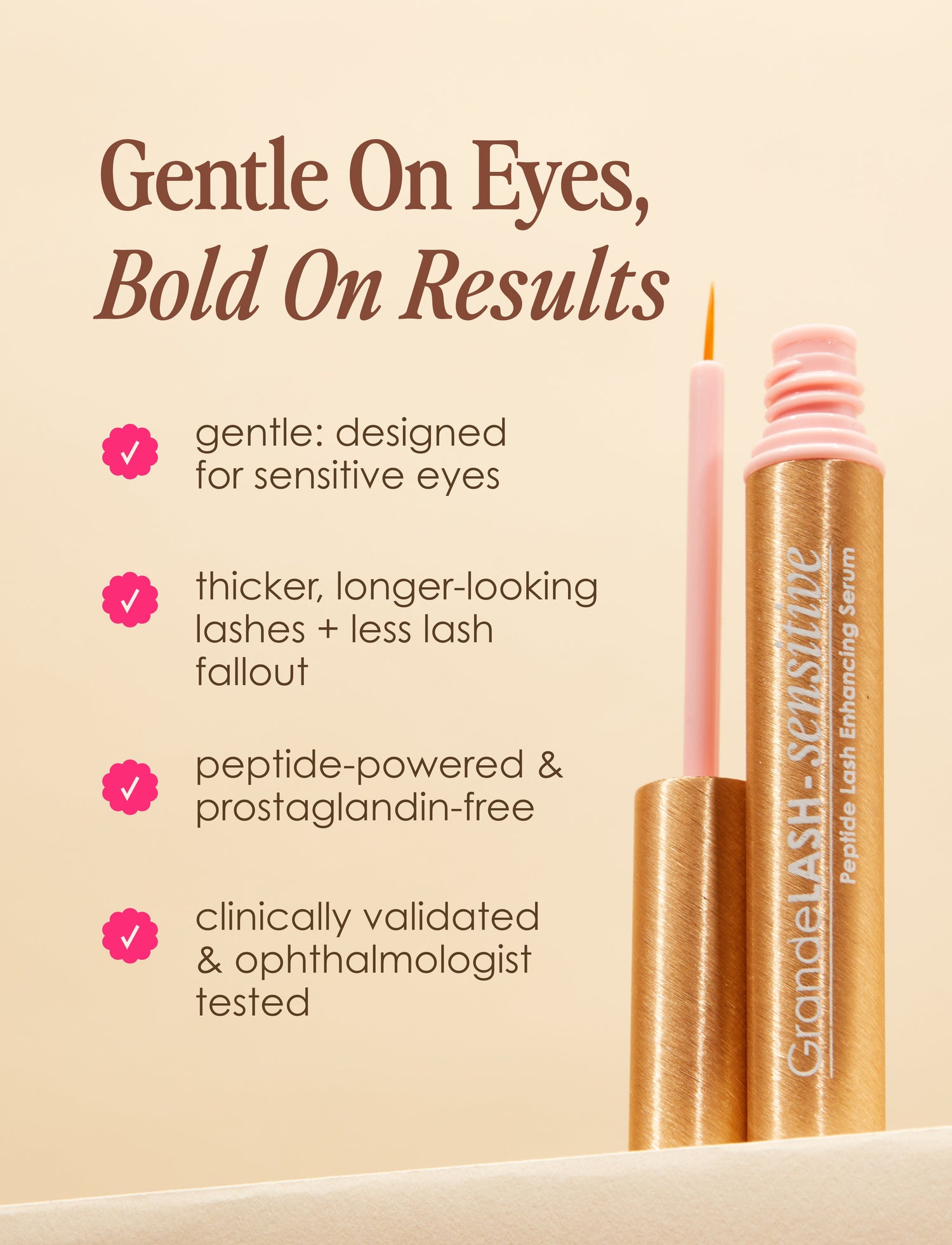 Lash serum with text highlighting its features on a beige background