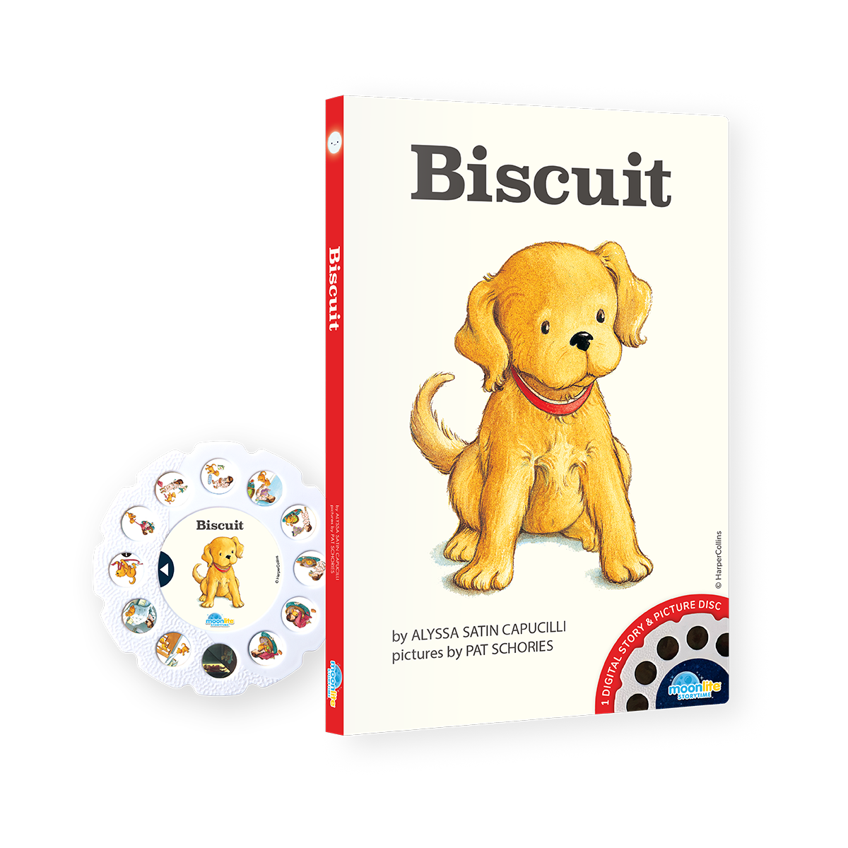 Children's book titled 'Biscuit' with a dog illustration on the cover, featuring a round disc with character illustrations.