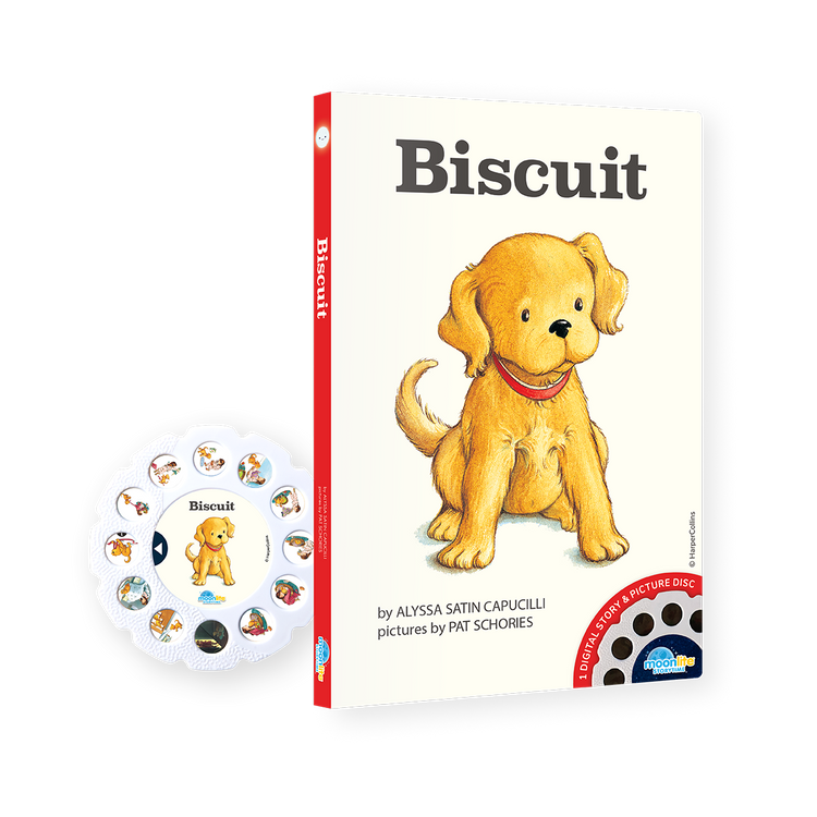 Children's book titled 'Biscuit' with a dog illustration on the cover, featuring a round disc with character illustrations.