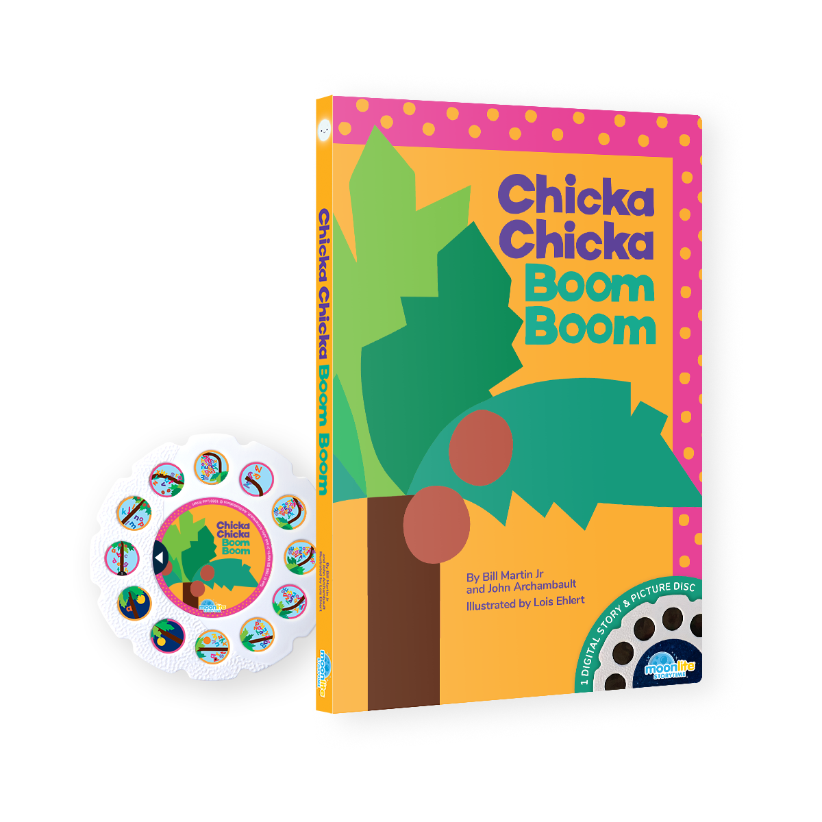 Children's book titled 'Chicka Chicka Boom Boom' with a colorful cover and circular stickers on a white background.