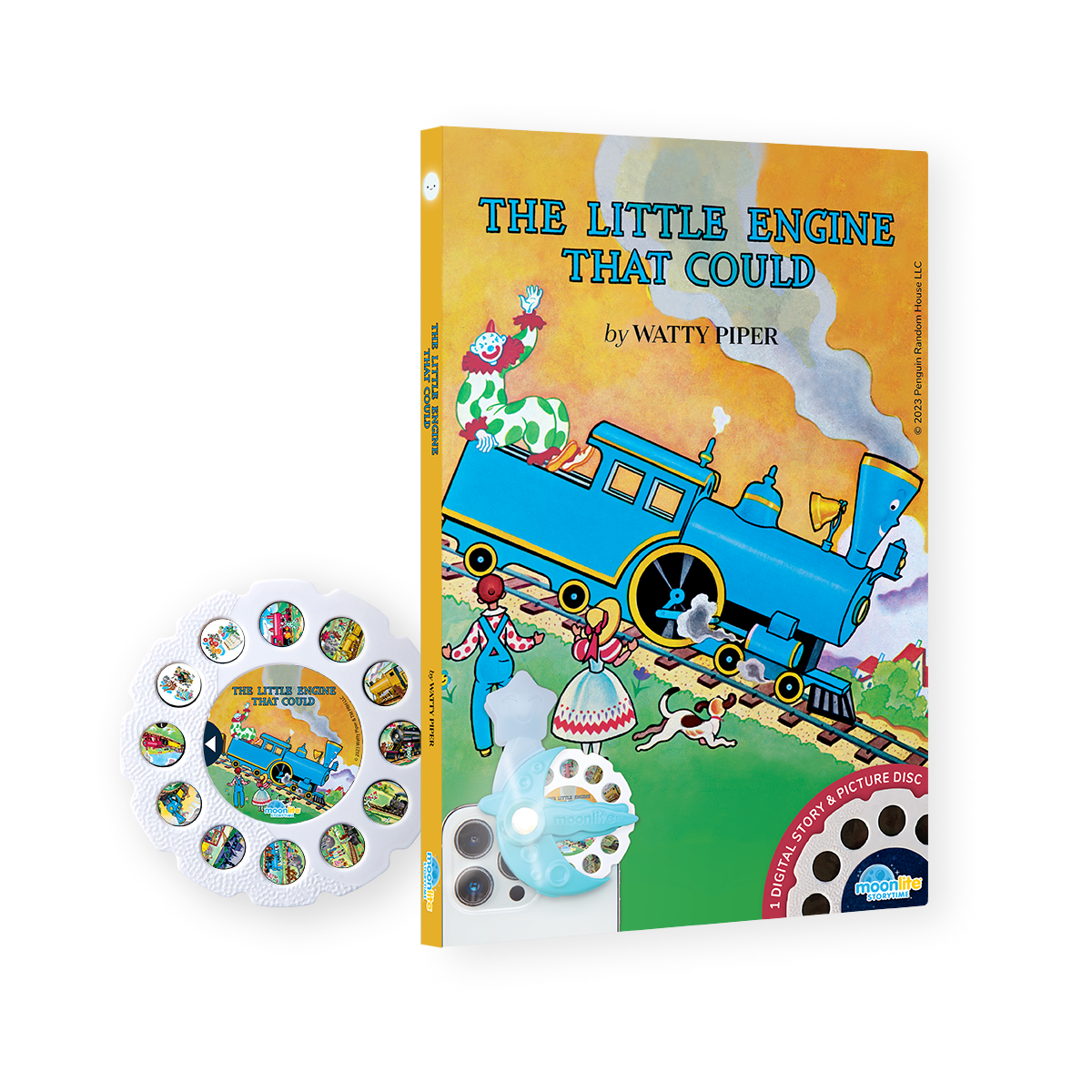 Book titled 'The Little Engine That Could' with a picture disc on a white background