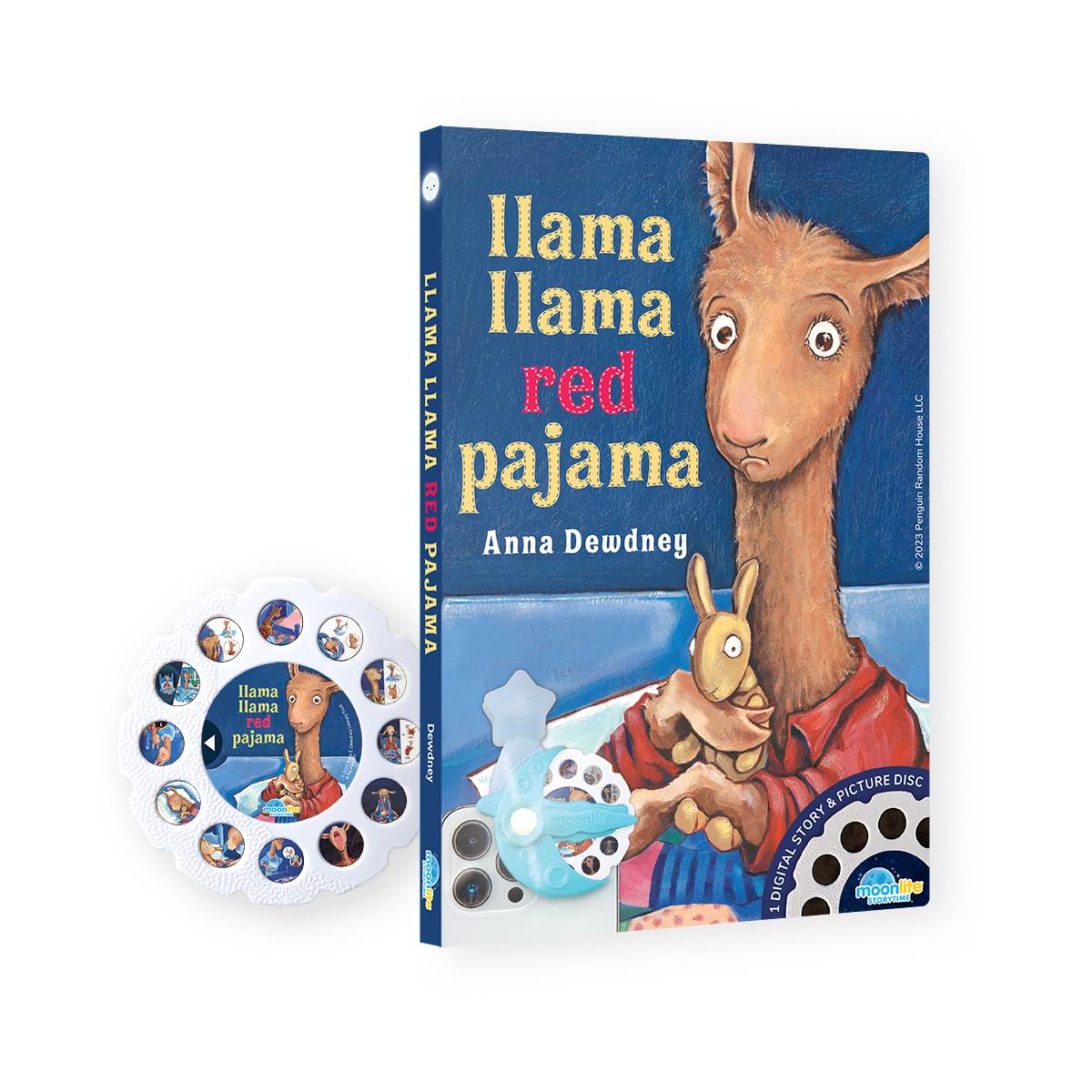 Book titled 'Llama Llama Red Pajama' with a colorful cover and a disc on a white background