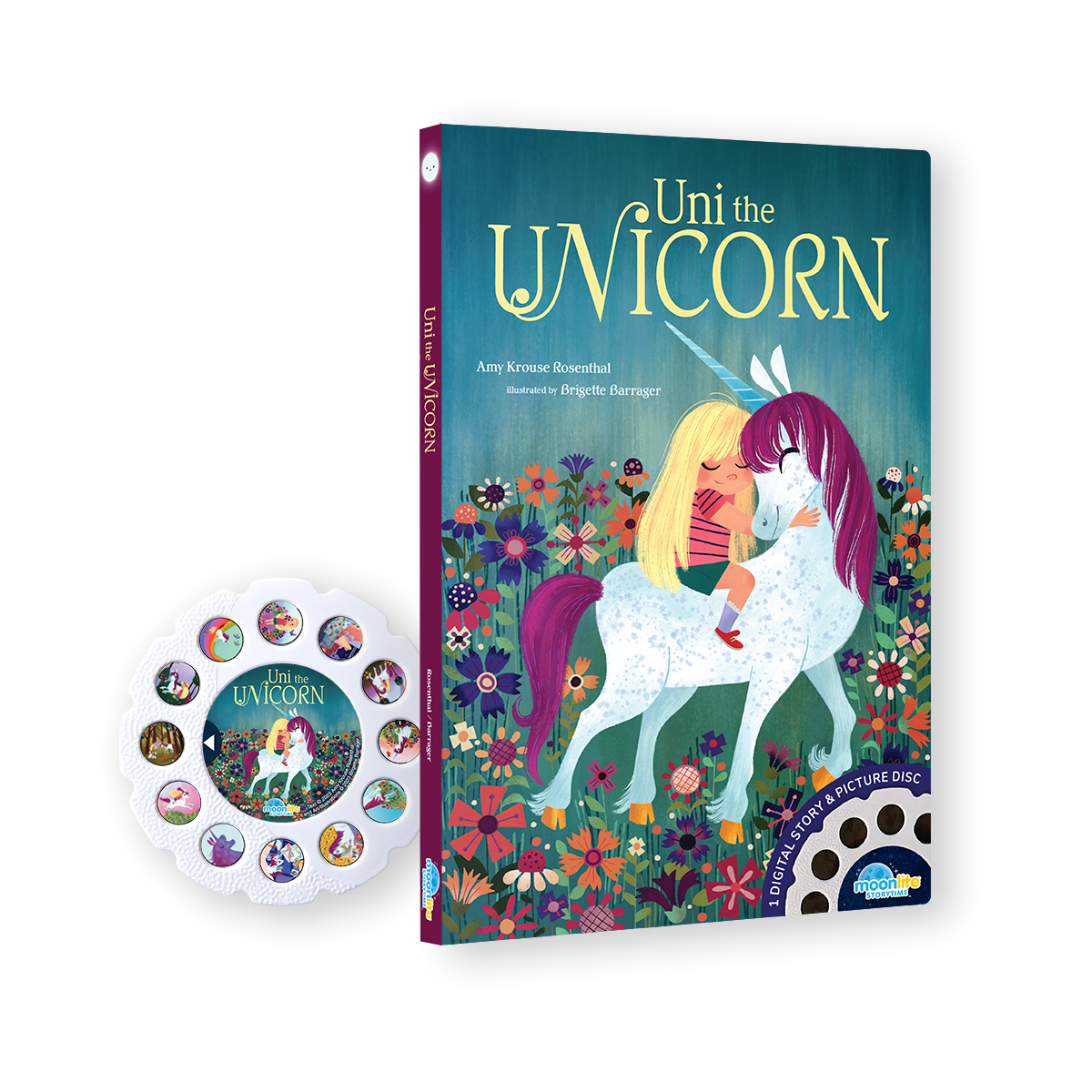 Book titled 'Uni the Unicorn' with a colorful cover featuring a unicorn and a girl, accompanied by a picture disc.