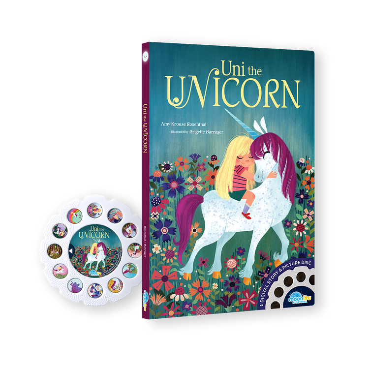 Book titled 'Uni the Unicorn' with a colorful cover featuring a unicorn and a girl, accompanied by a picture disc.