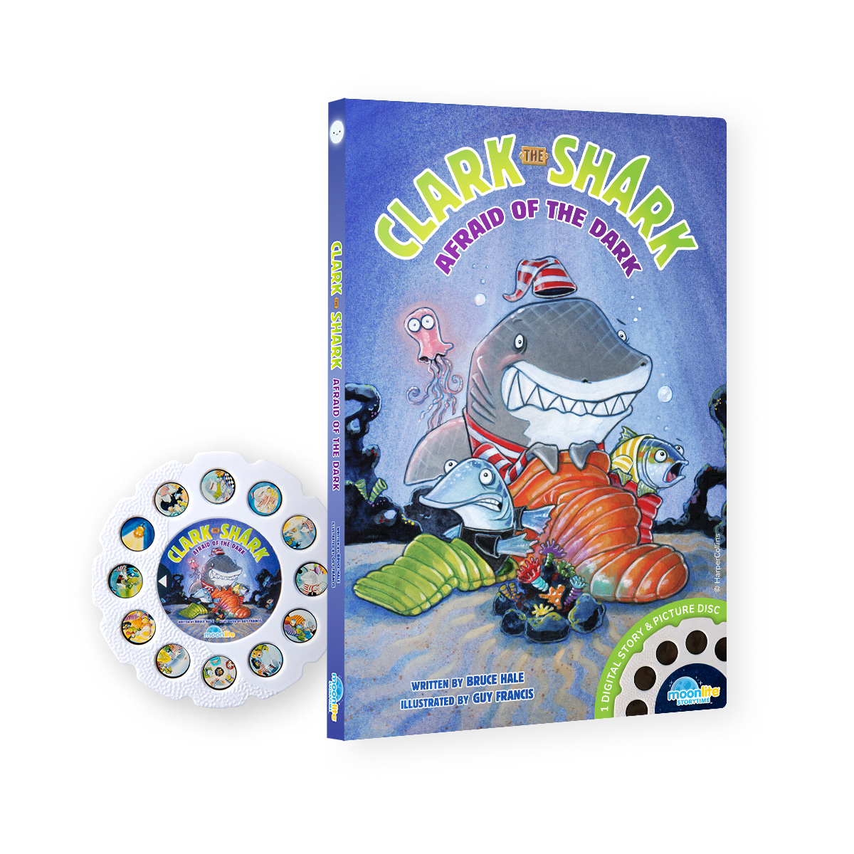 Book titled 'Clark the Shark Afraid of the Dark' with a picture disc on a white background
