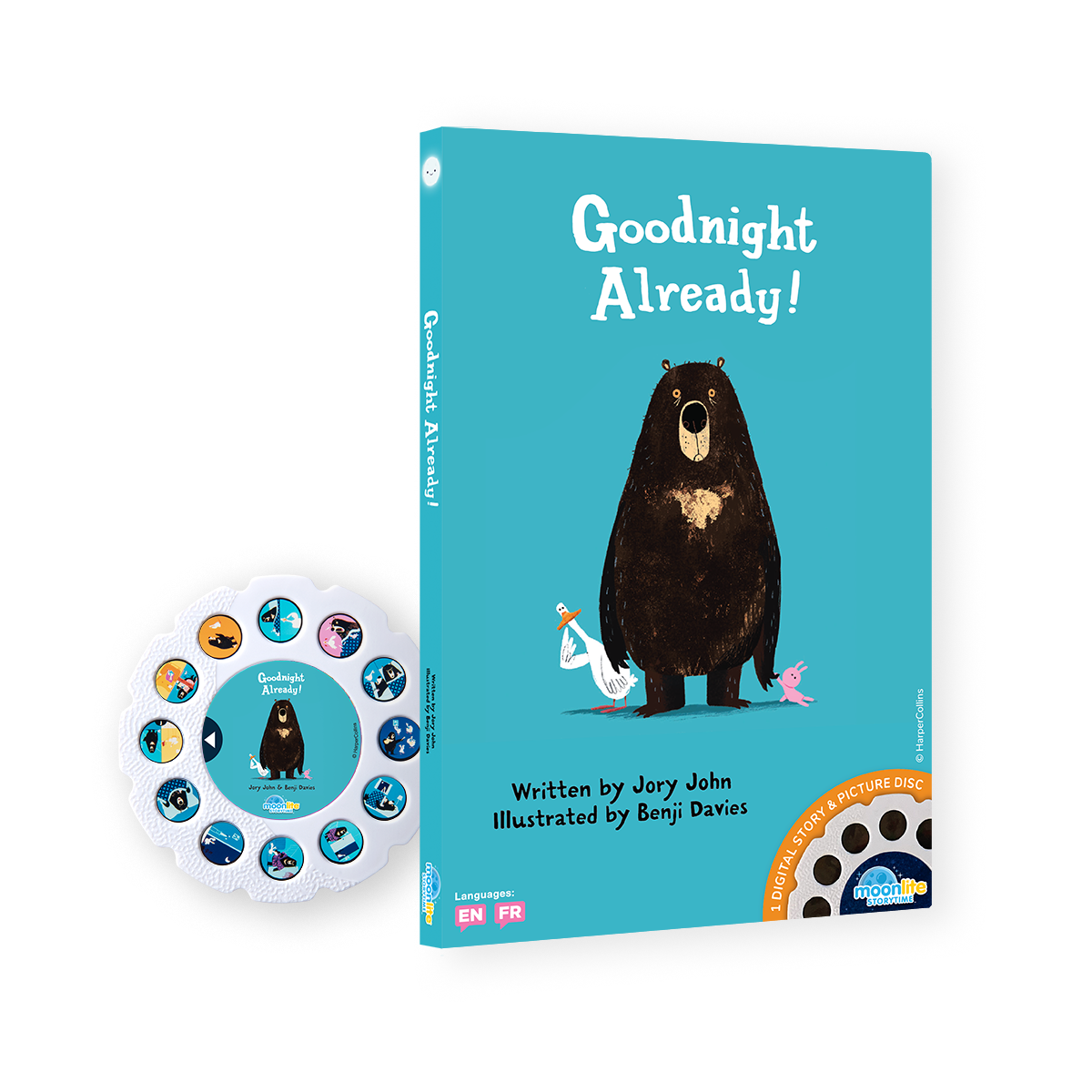 Children's book titled 'Goodnight Already!' with a bear illustration on a blue background, accompanied by a circular board with illustrations.