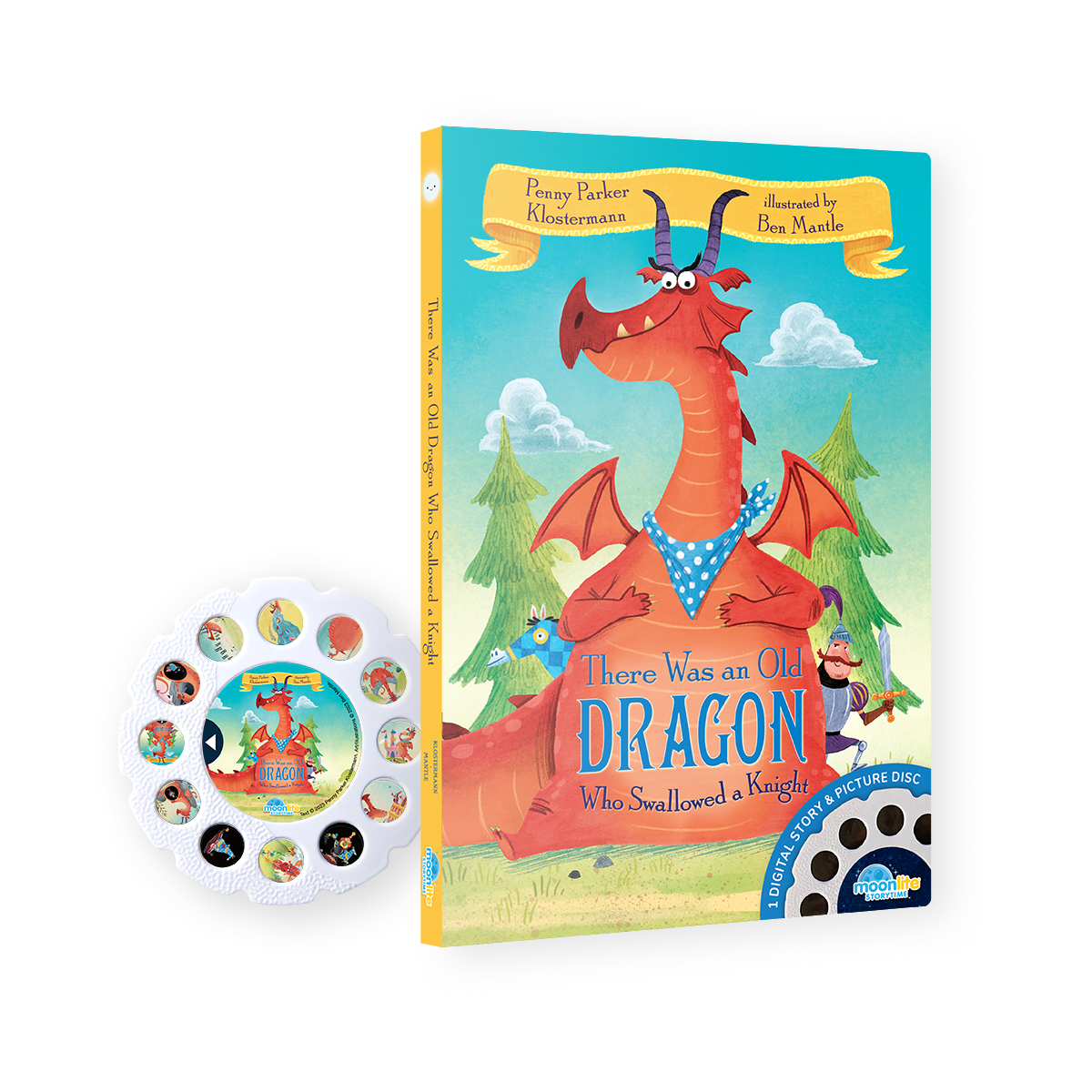 Children's book titled 'There Was an Old Dragon Who Swallowed a Knight' with a dragon illustration on the cover, accompanied by a disc.