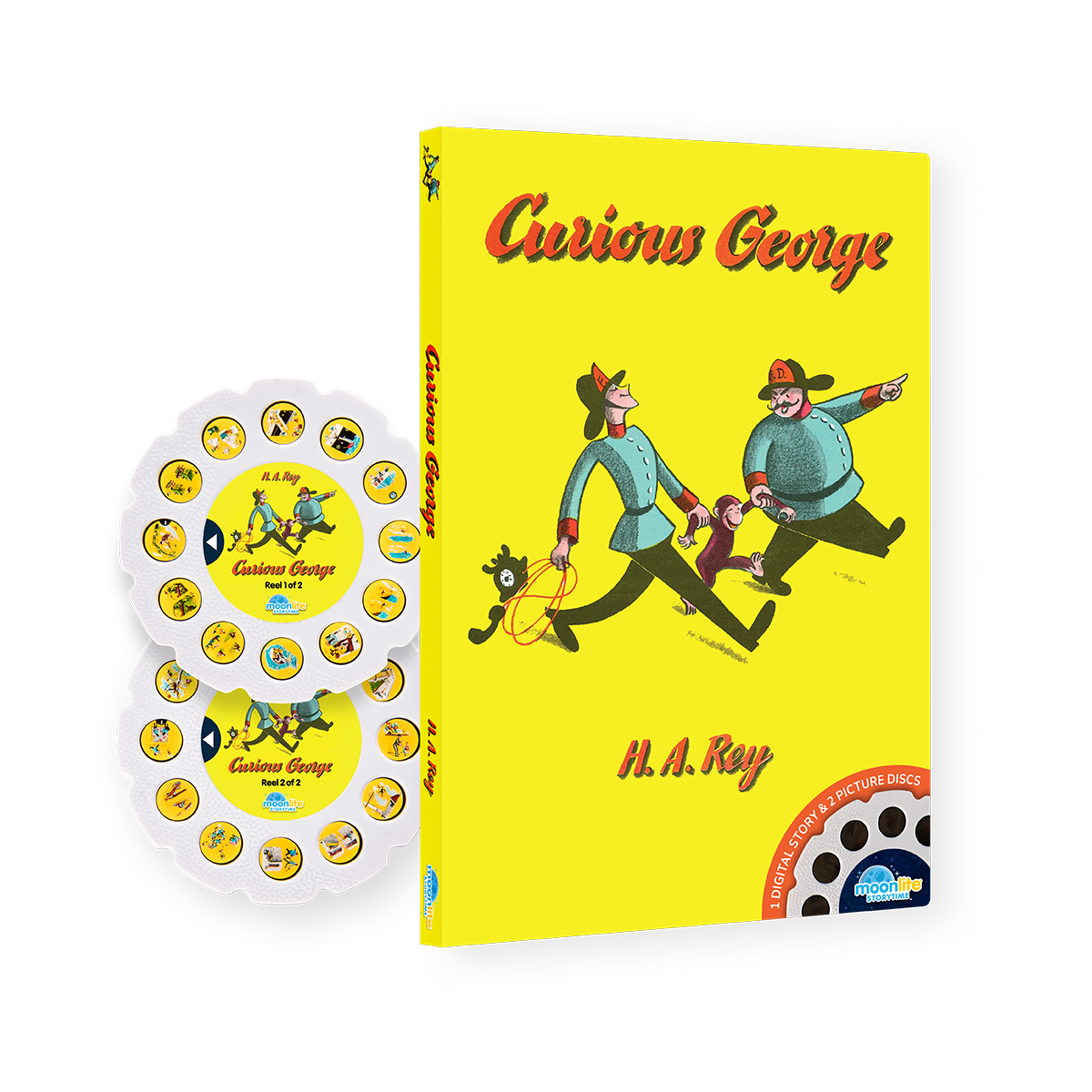 Curious George book with a pull tab disc on a white background