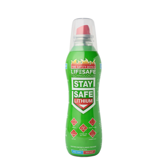 Green canister with 'Stay Safe Lithium' branding on a white background