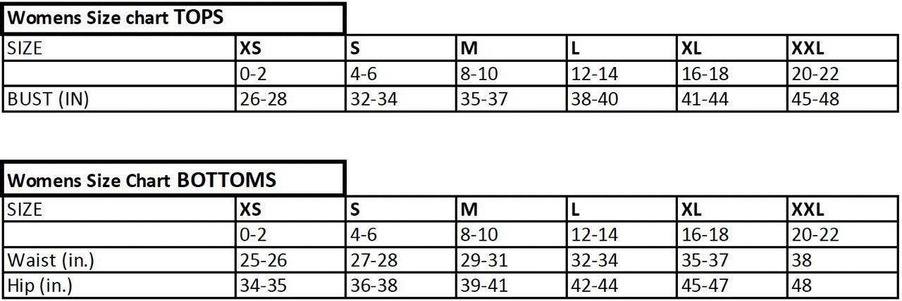 Womens size chart for tops and bottoms with measurements in inches.