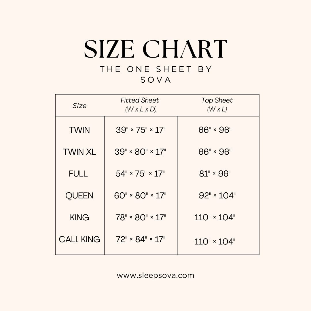 Size chart for sheets by Sova on a white background