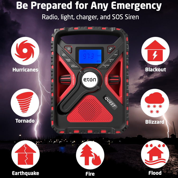 QUEST RUGGED SOLAR POWERED ALL BAND WEATHER RADIO WITH BLUETOOTH AND AMBIENT LIGHT