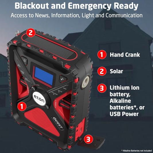 QUEST RUGGED SOLAR POWERED ALL BAND WEATHER RADIO WITH BLUETOOTH AND AMBIENT LIGHT