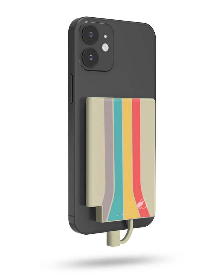 Phone case with a colorful stripe design on a white background