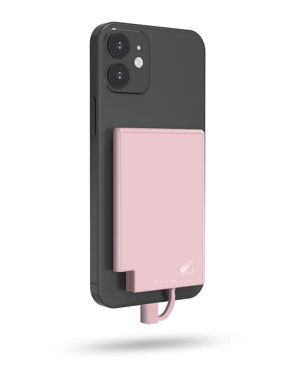 Phone case with a pink charging cable attached on a white background