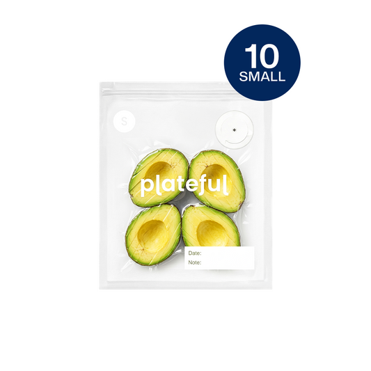 Packaged avocados in a clear plastic bag with 'plateful' branding on a white background.