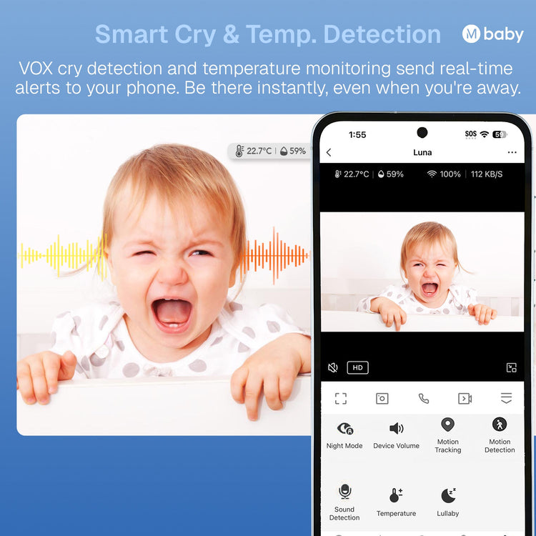 Baby monitor app with child crying and temperature monitoring on a smartphone screen.