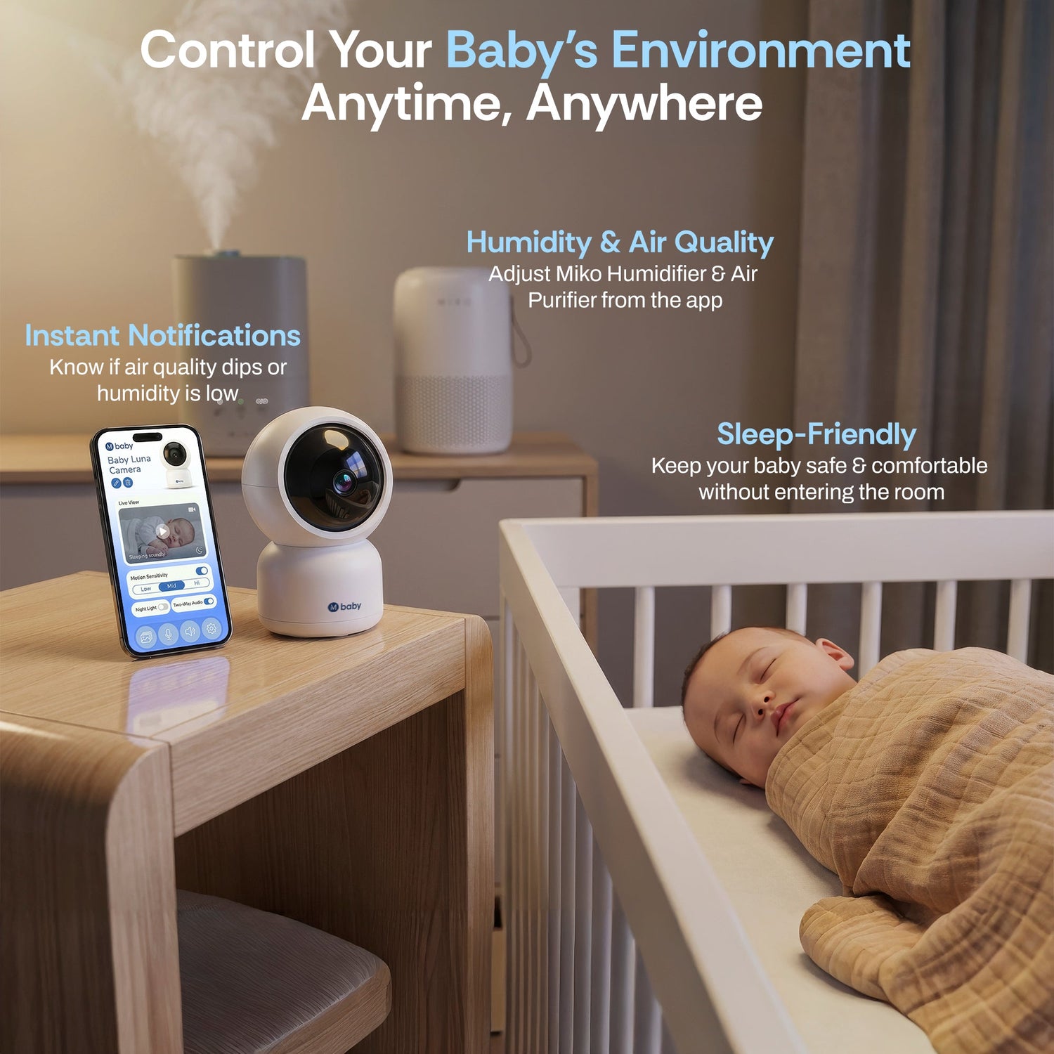 Baby monitor and humidifier with smartphone app on a wooden table, baby in crib, and text about controlling baby's environment.