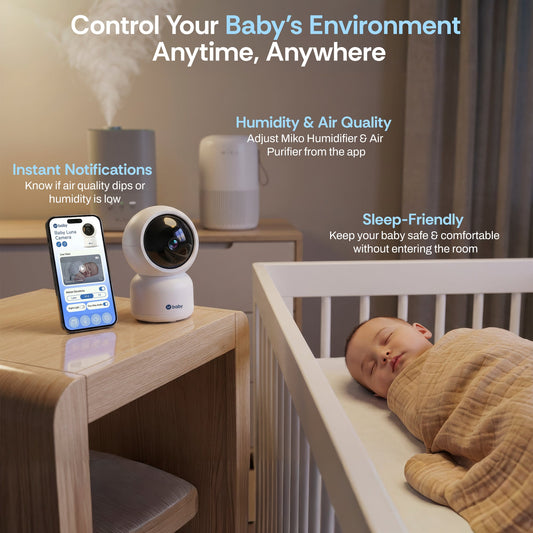 Baby monitor with a baby in a crib and text about soothing lullabies.