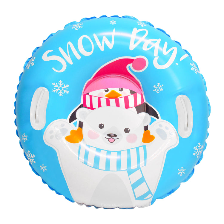 Inflatable pool toy with a penguin design and 'Snow Day!' text on a blue background