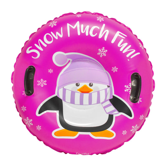 Four inflatable snow tubes with penguin designs and colorful text on a white background