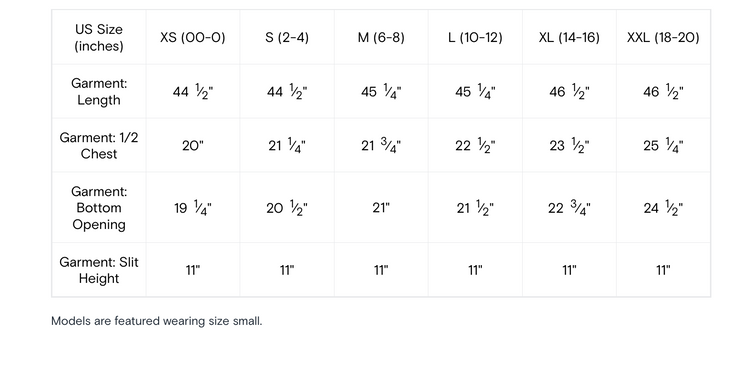 Size chart for garment measurements including length, chest, bottom opening, and slit height.