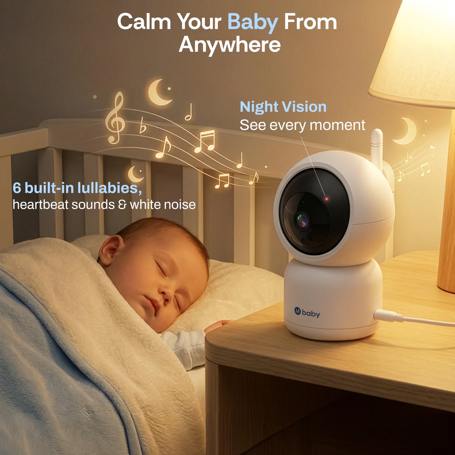 Baby monitor with night vision feature on a nightstand next to a crib with a sleeping baby.