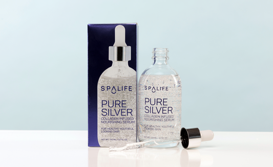 SpaLife Pure Silver skincare product with packaging on a light blue background