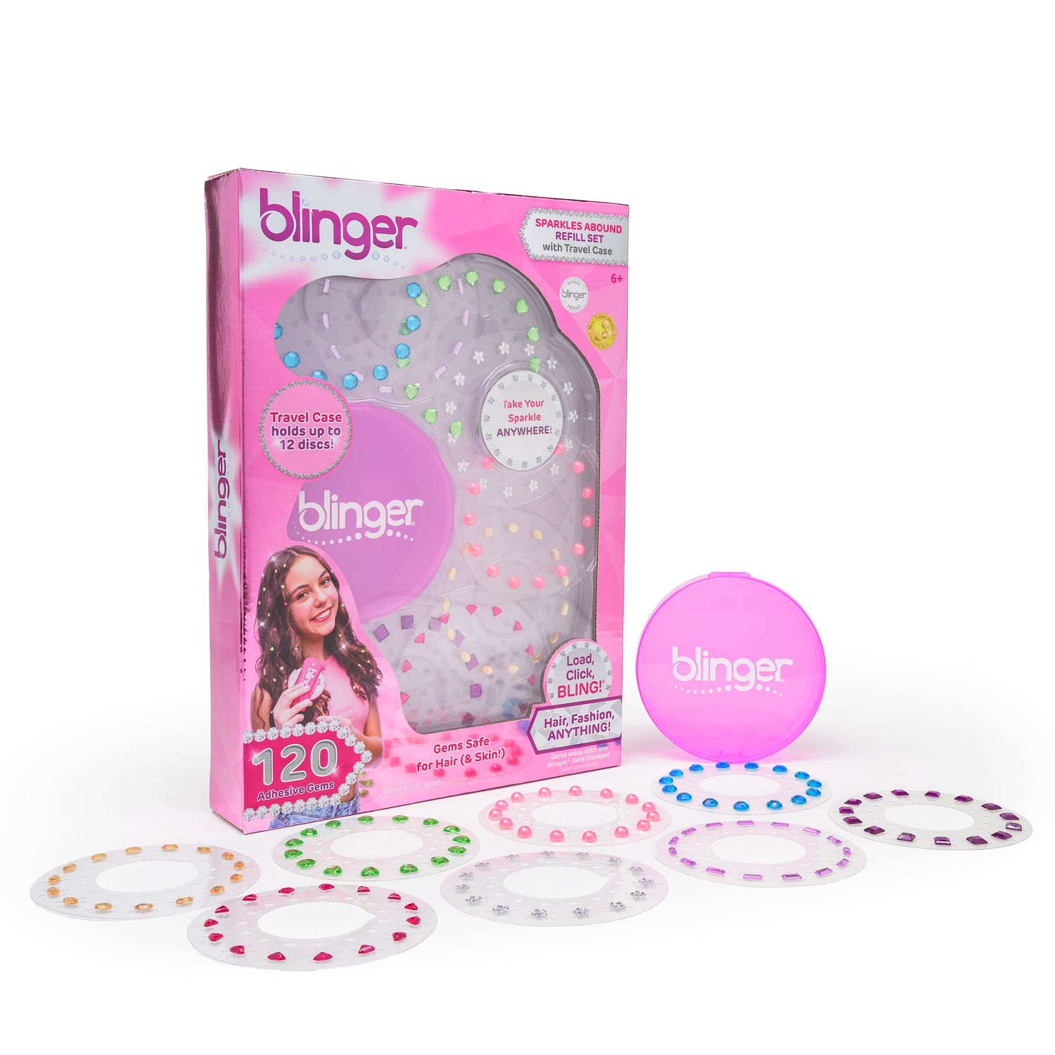 Blinger hair disc set with packaging and discs on a white background