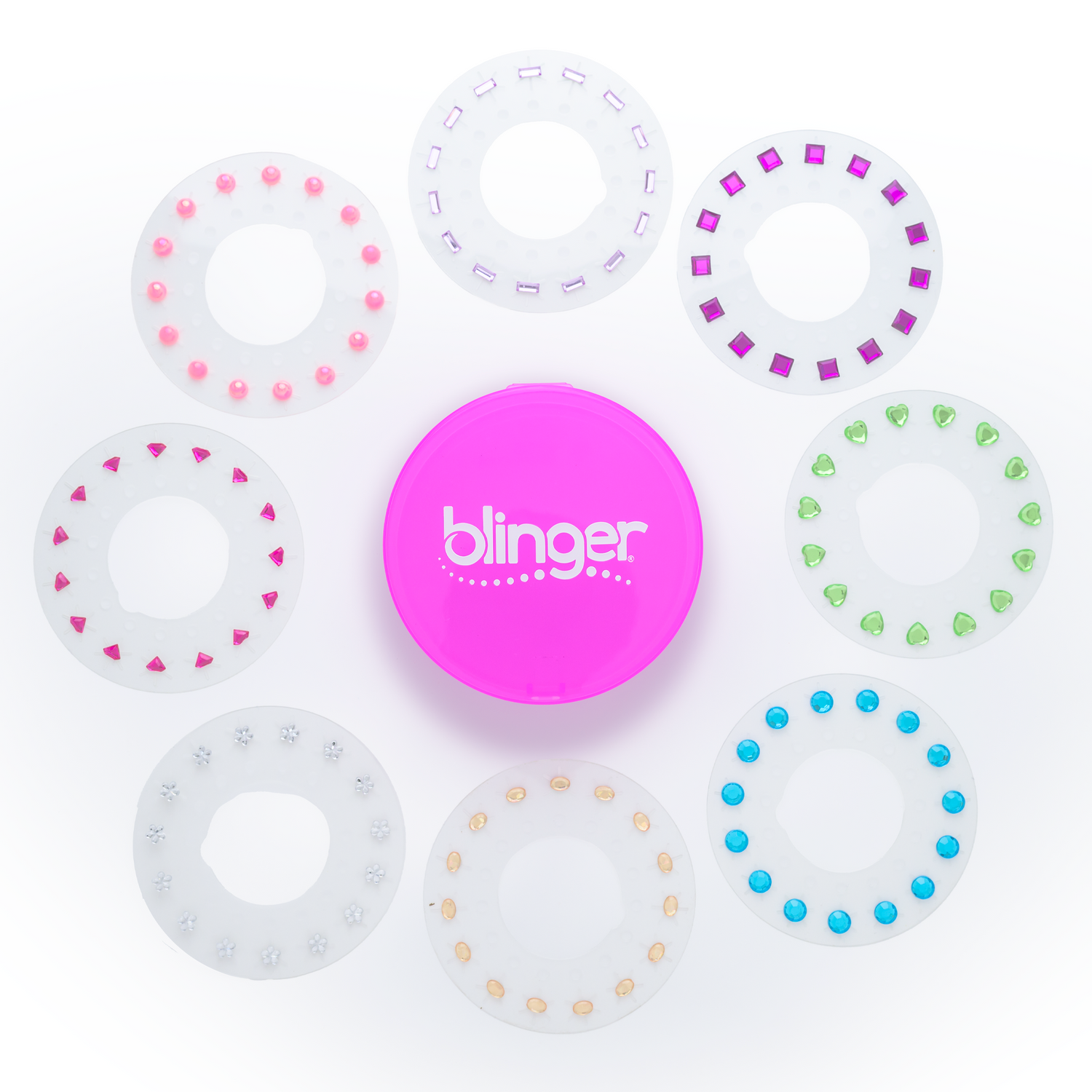 Set of circular filters with colorful patterns on a white background, featuring the brand 'blinger'.