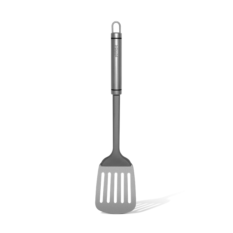 Gray slotted spatula on a white background