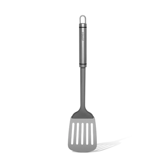 Gray slotted spatula on a white background