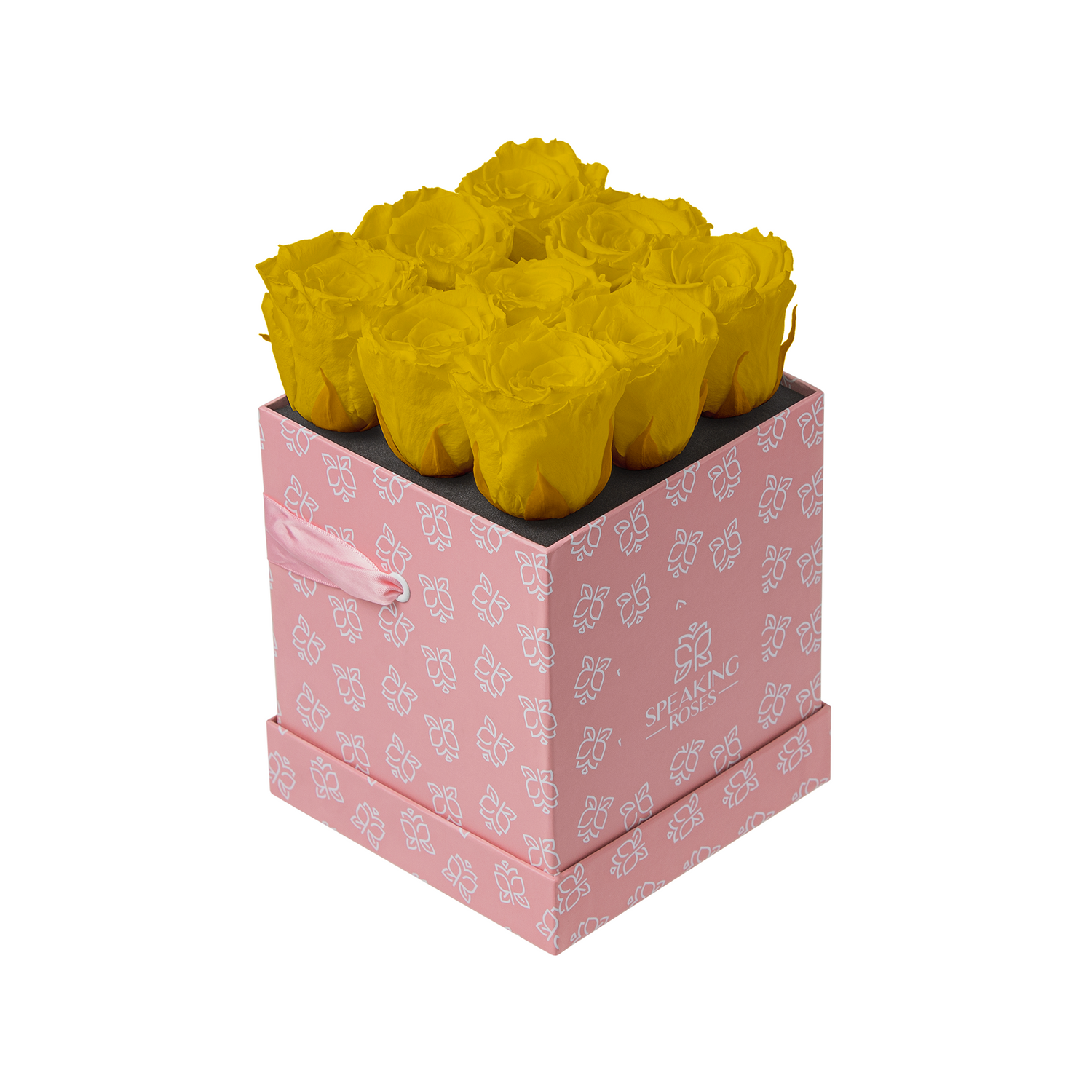 Pink box with yellow roses on a white background