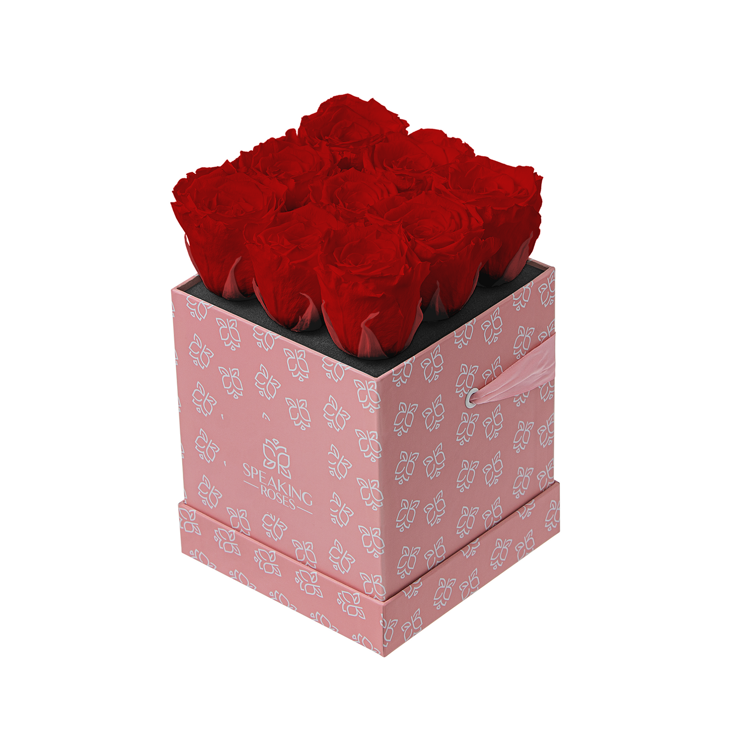 Pink gift box with red roses on a white background