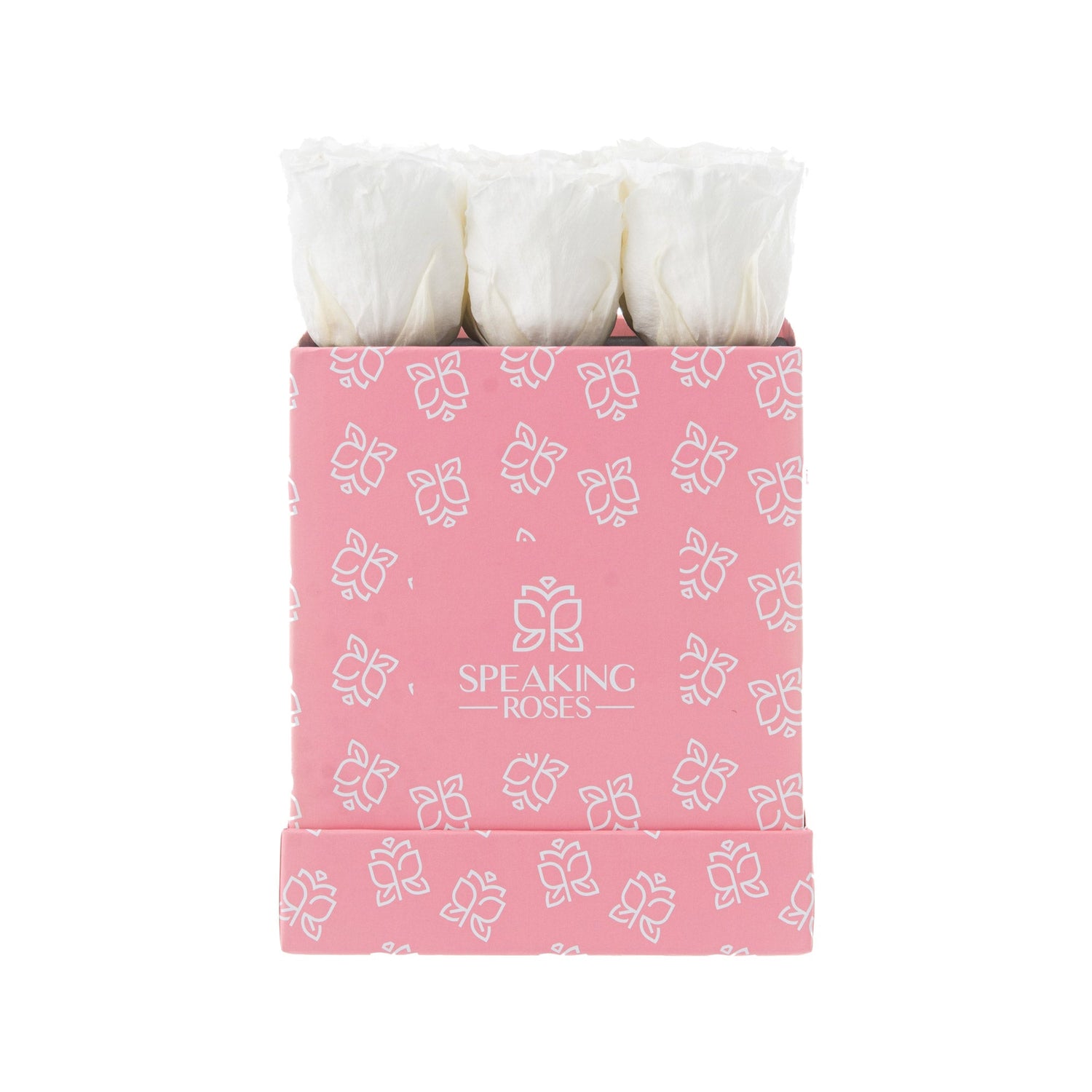 Pink box with white roses and 'Speaking Roses' branding on a white background