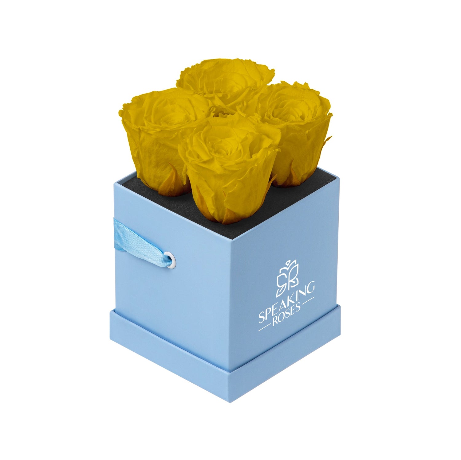 Yellow roses in a blue box with 'Speaking Roses' branding on a white background