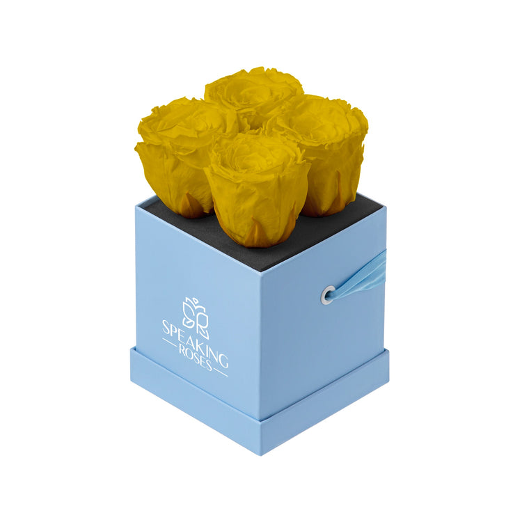 Yellow roses in a blue box with 'Speaking Roses' branding on a white background