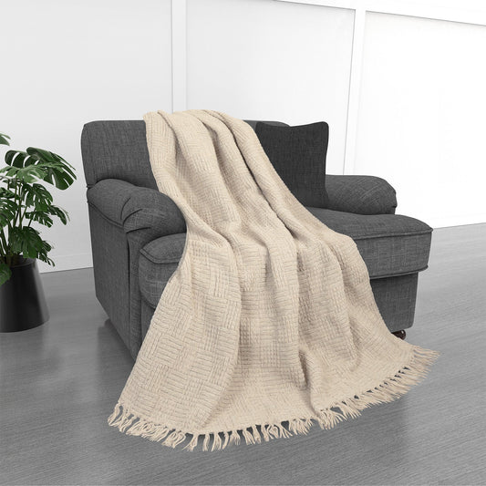 Kathy Ireland Oversized Chenille Fringed Basket Throw 50” X 70” - Stone