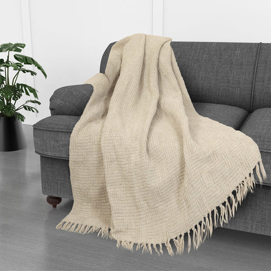 Kathy Ireland Oversized Chenille Fringed Basket Throw 50” X 70” - Stone