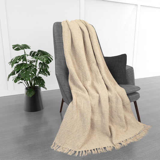 Kathy Ireland Oversized Chenille Fringed Basket Throw 50” X 70” - Stone